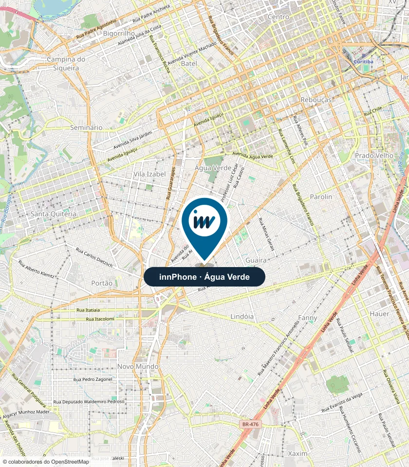 Mapa do bairro Água Verde e adjacências, em Curitiba, com o alfinete da innPhone Curitiba
